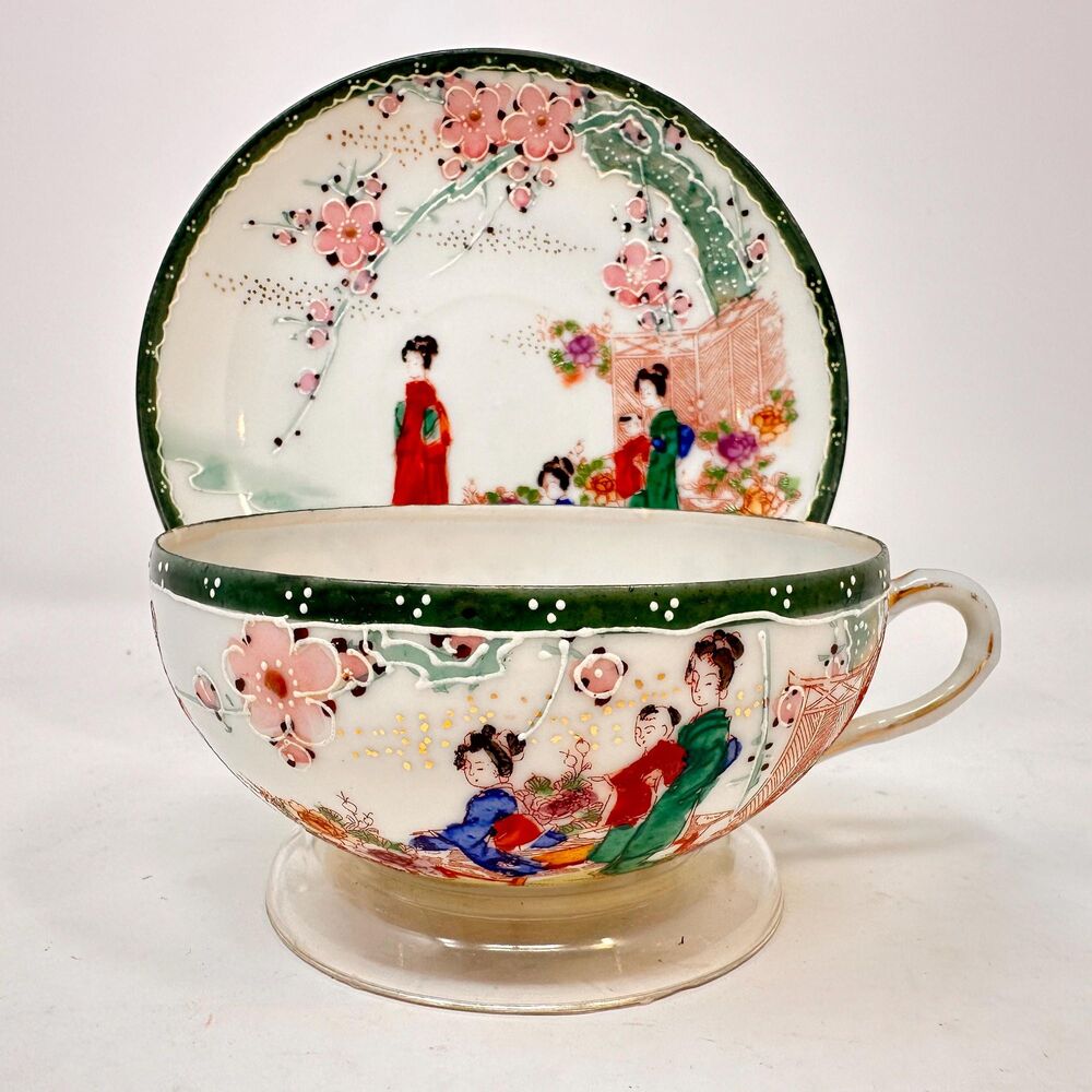 Vintage Japanese Kutani Porcelain Teacup Saucer #1 Geisha Cherry Blossom Moriage